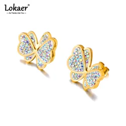 Lokaer Rhinestone Butterfly Charm Earrings For Women Stainless Steel Boho 18K PVD Plated Cute Earrings aretes de mujer E23220
