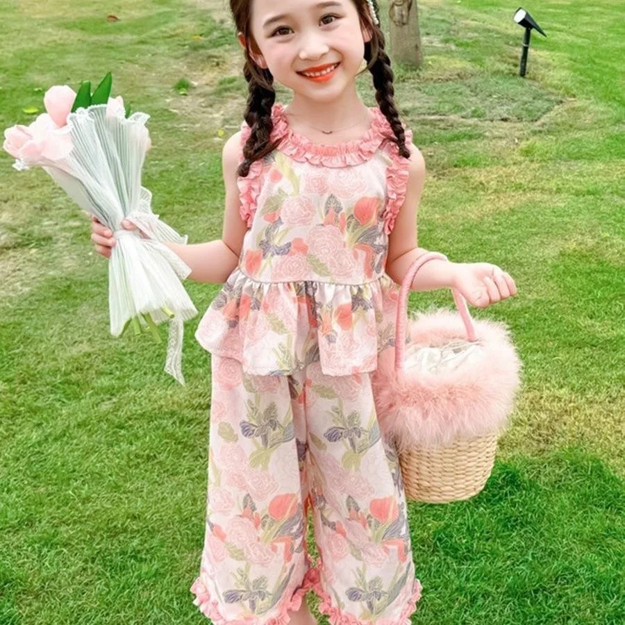 

Girl's Flower Thin Set 2025 New Baby Summer Tank Top Wide Leg Pants Two Piece Set Children's Fashionable Summer Clothes