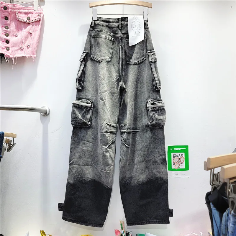 2024 New Autumn Winter Fashion Straight Leg Denim Pants Casual Loose Multi Pocket Cargo Jeans for Women