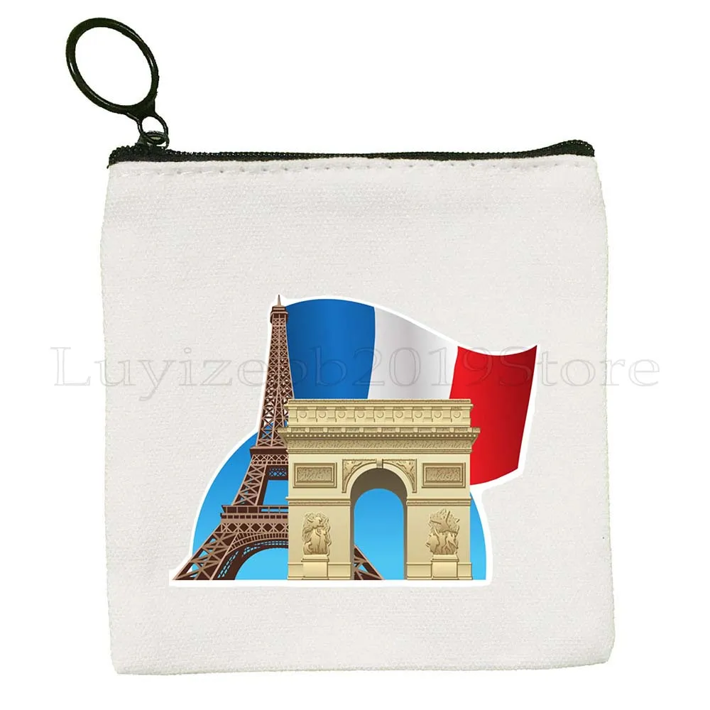 Liebe Paris Frankreich Karte Flagge Eiffelturm Stadt Sehenswürdigkeiten Mops Leben Leinwand Tasche Geldbörse Schlüsseletui Tasche Brieftasche Reißverschlusstasche