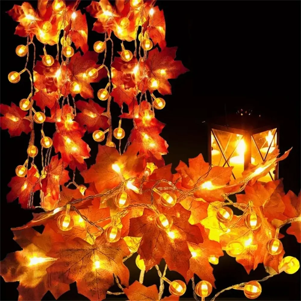Fall Maple Leaf & Pumpkin LED String Lights, for Thanksgiving,Halloween, Party, Harvest, Cozy Home Decorations