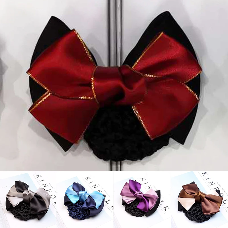 Women Fashion Mesh Bowknot Crochet Hair Net Bun Snood Hairstyle Hair Cover Staff Flight Attendant Nurses Satin Hair Clip Hairnet