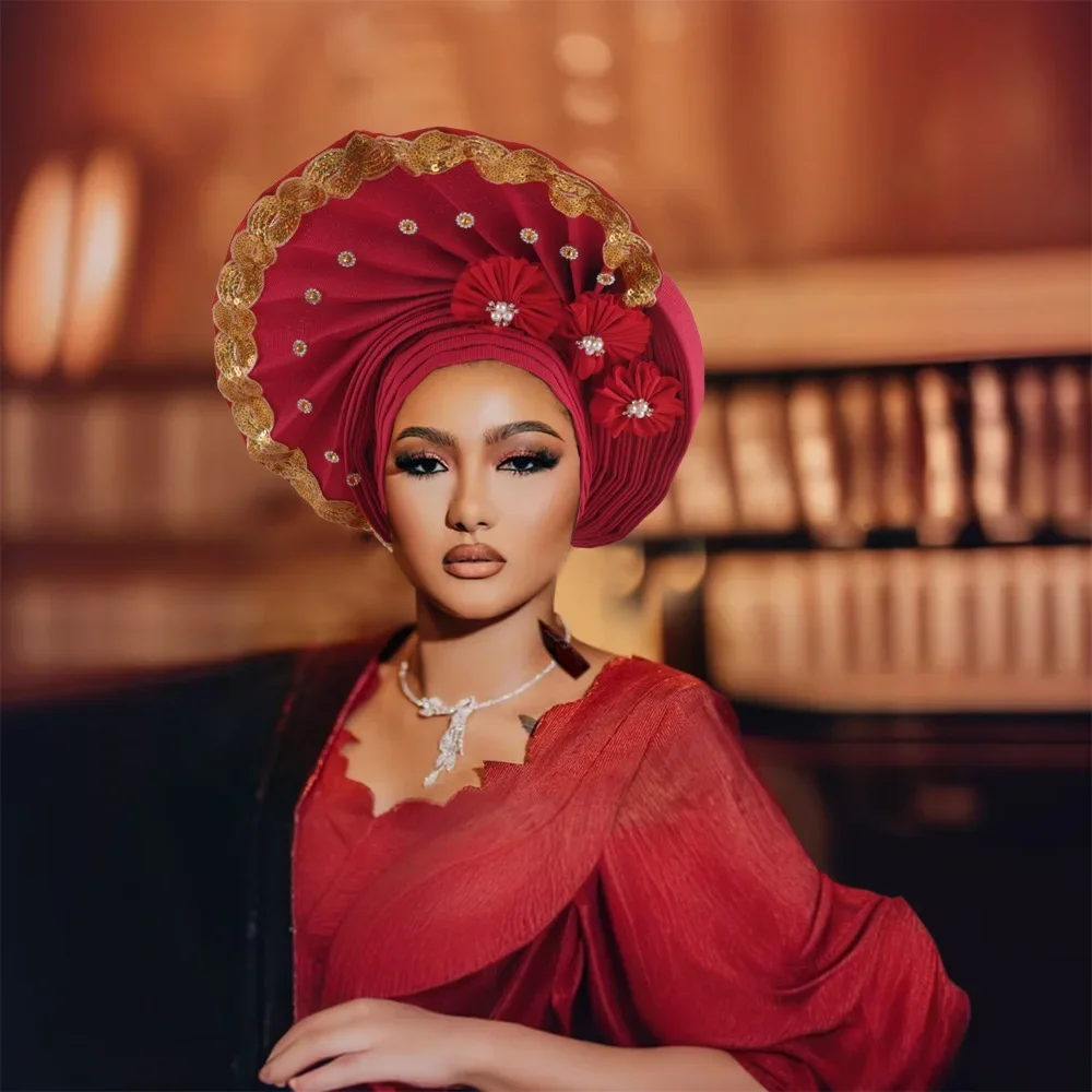 

New African Wedding Headwear Exaggerated Auto Gele Aso Oke Headties Women Hijab Bonnet Turban Cap Head Wrap Hat Nigeria Headgear