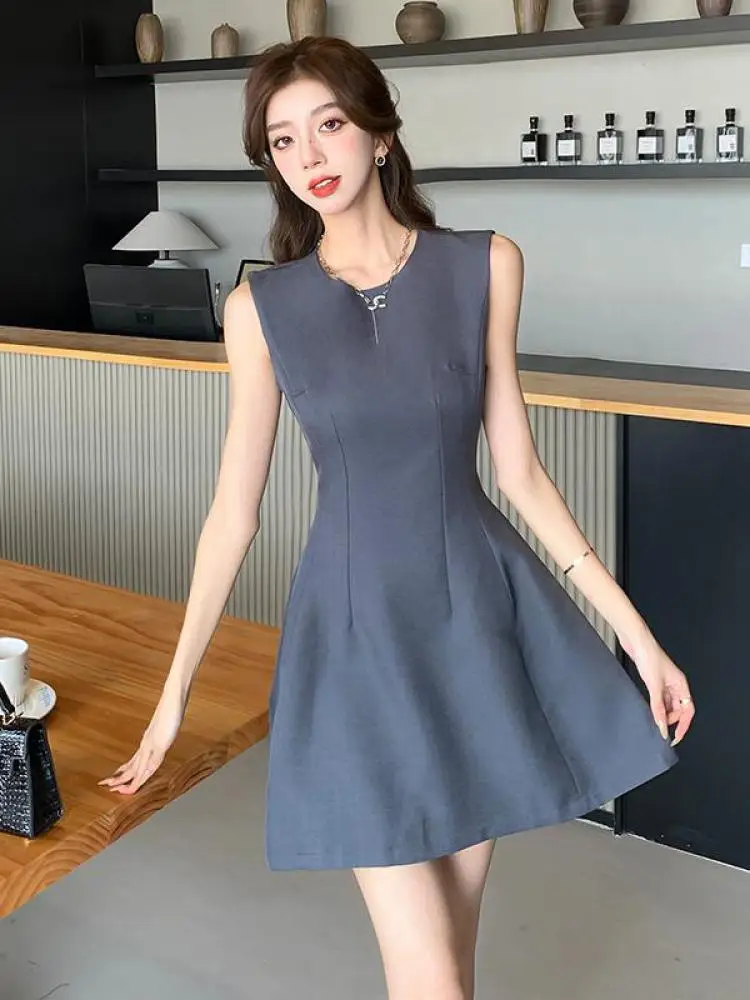 Verano negro cuello redondo ajustado sin mangas temperamento corto chaleco vestido mujeres gris elegante Sexy Oficina cremallera Mini vestido simplicidad