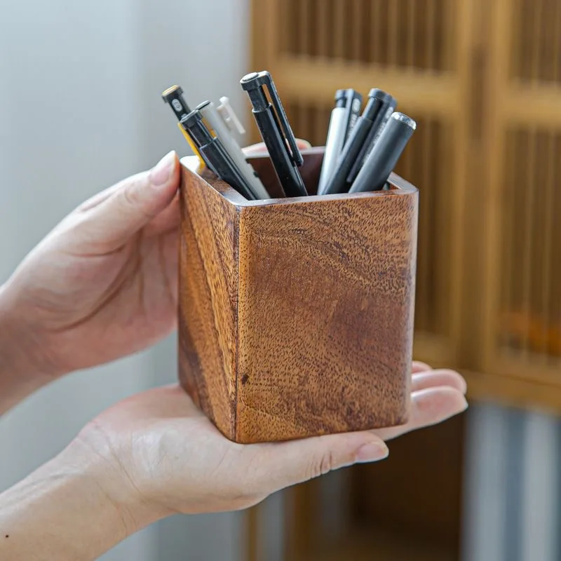Walnut Wooden Pencil Holders Stand for Desk Vintage Rustic Natural Wood Pen Cup Organizer for Desktop Office Makeup Brushes
