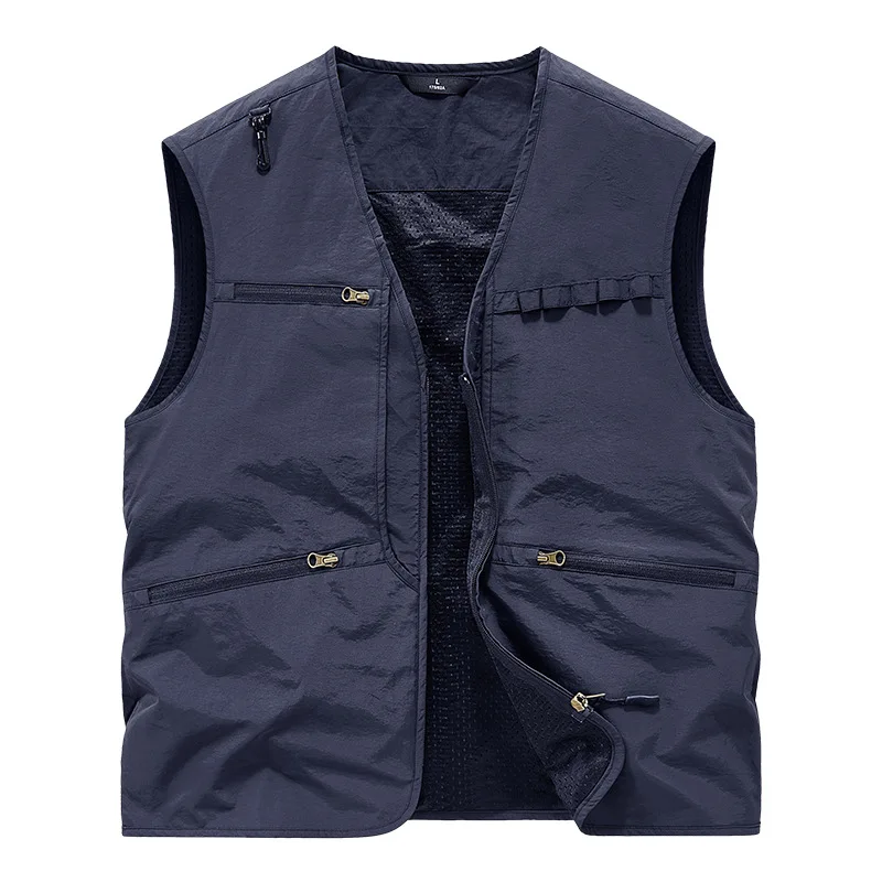 Spring Summer V-Neck Quick-Dry Multi-Pocket Cargo Vest Men's Plus Size Outdoor Sleeveless Jacket