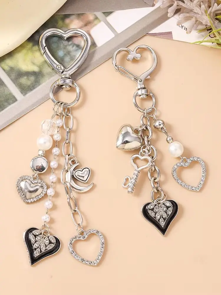Aihua Niedlicher Kristall-Liebesherz-Schlüsselanhänger für Frauen und Mädchen, Perlen-Schlüsselring-Anhänger für Damenhandtaschen, DIY-Schmuckgeschenke – Detail 1