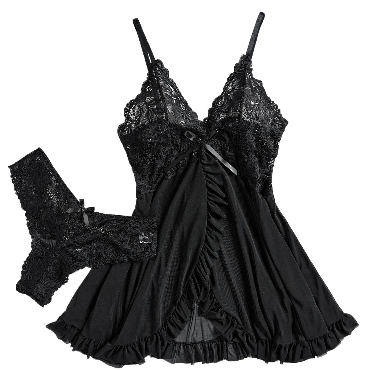 Women Nightdress Lace Chemise Bow Nightgown Sleepwear Mini Dress Plus Size Babydoll Lingerie Sleepdress Nighty