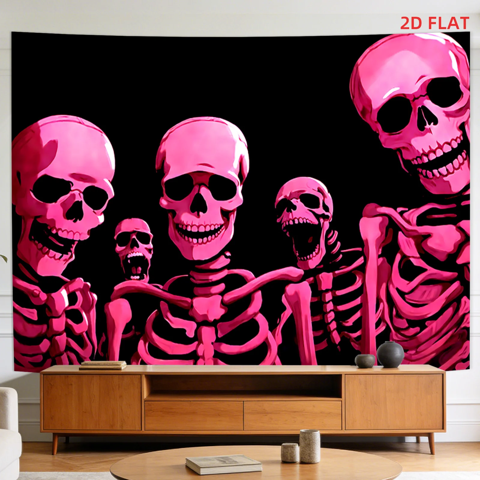 Pink Skeletons Skulls Black Background Art 2D Flat Tapestry Backdrop For Halloween Decor Gothic Wall Hanging Print