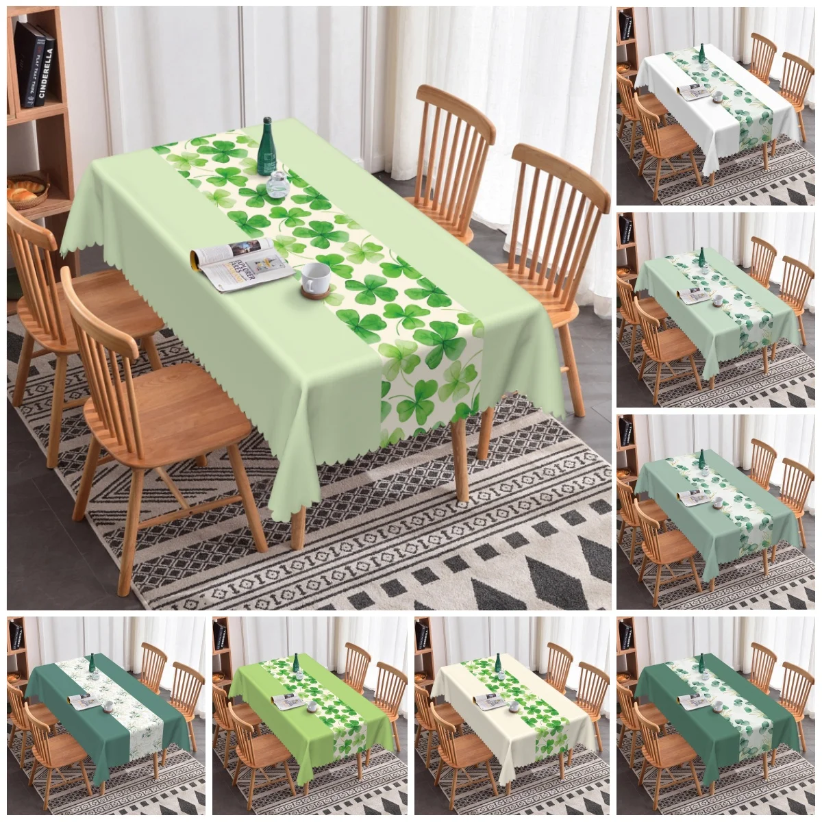 Four Leaf Clover Printed Tablecloth with Green Pattern Scalloped Edge Dining Table Cover Home Kitchen Decor St. Patrick's Day