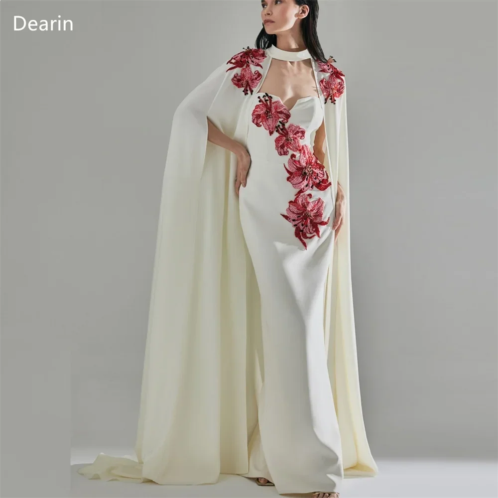 

Customized Saudi Arabia Dearin High Collar Column Floor Length Skirts Applique 3D Flower Bespoke Occasion Dresses Prom Gown Even