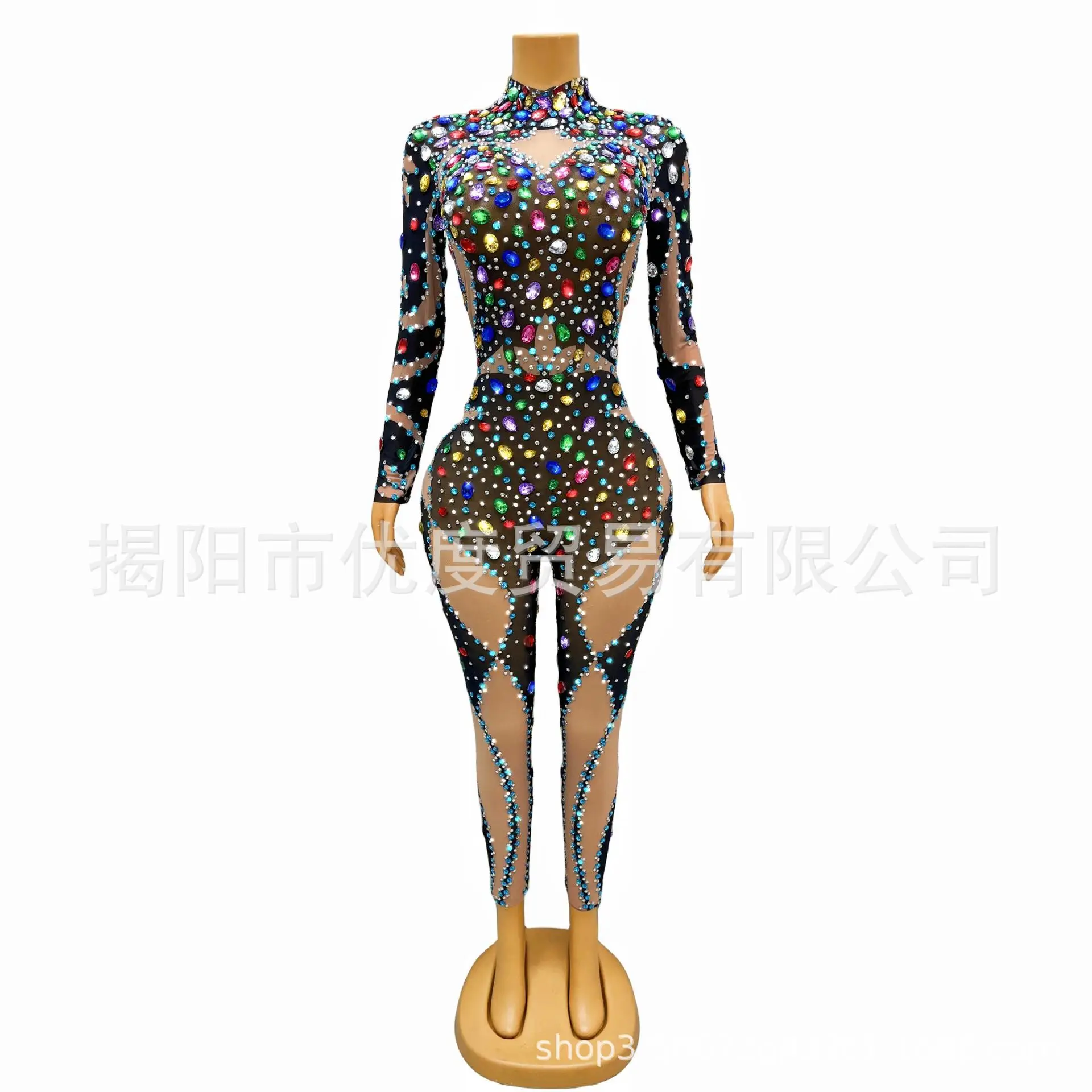 Colorful Rhinestones Tight One-piece Glam Perspective Mesh Birthday Dress Cocktail Party Dance Night Squid Vestido Festa Luxuoso