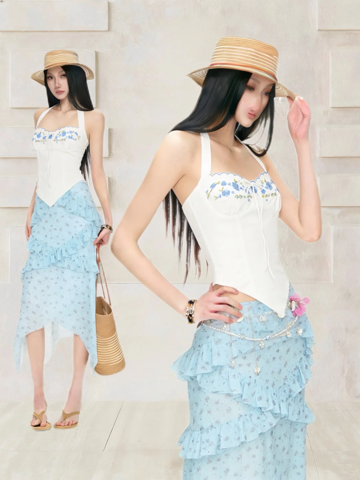 

Elegant Lace Floral Embroidery Halter Top And Skirt Set Pure Desire Thousand Gold Girl Chinese Brand Summer Fashion Women's O...