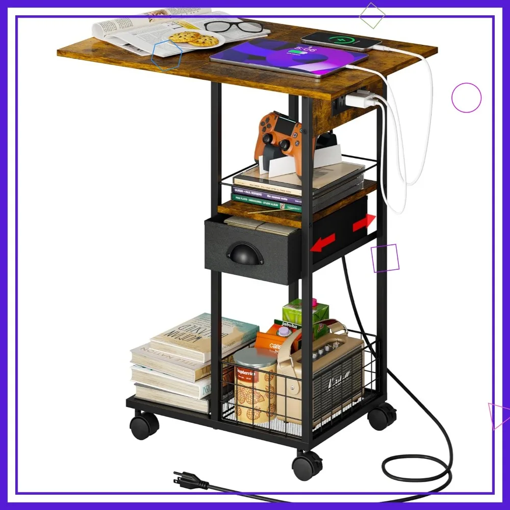 

Rolling C-Shaped Side Table with Charging Station, USB/Type-C Ports & Outlet for Bedroom, Living Room, Home Office