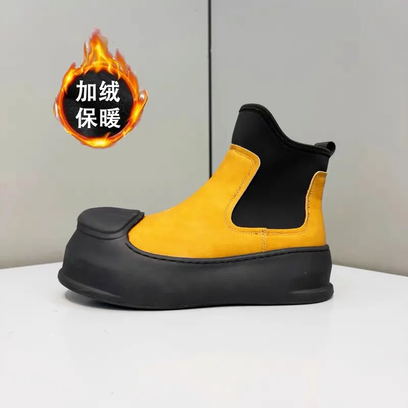 

High Top Sneakers Men Original Designer Winter Plush Warm Snow Boots Fashion Casual Leather Height Increased Flat Platform Shoes