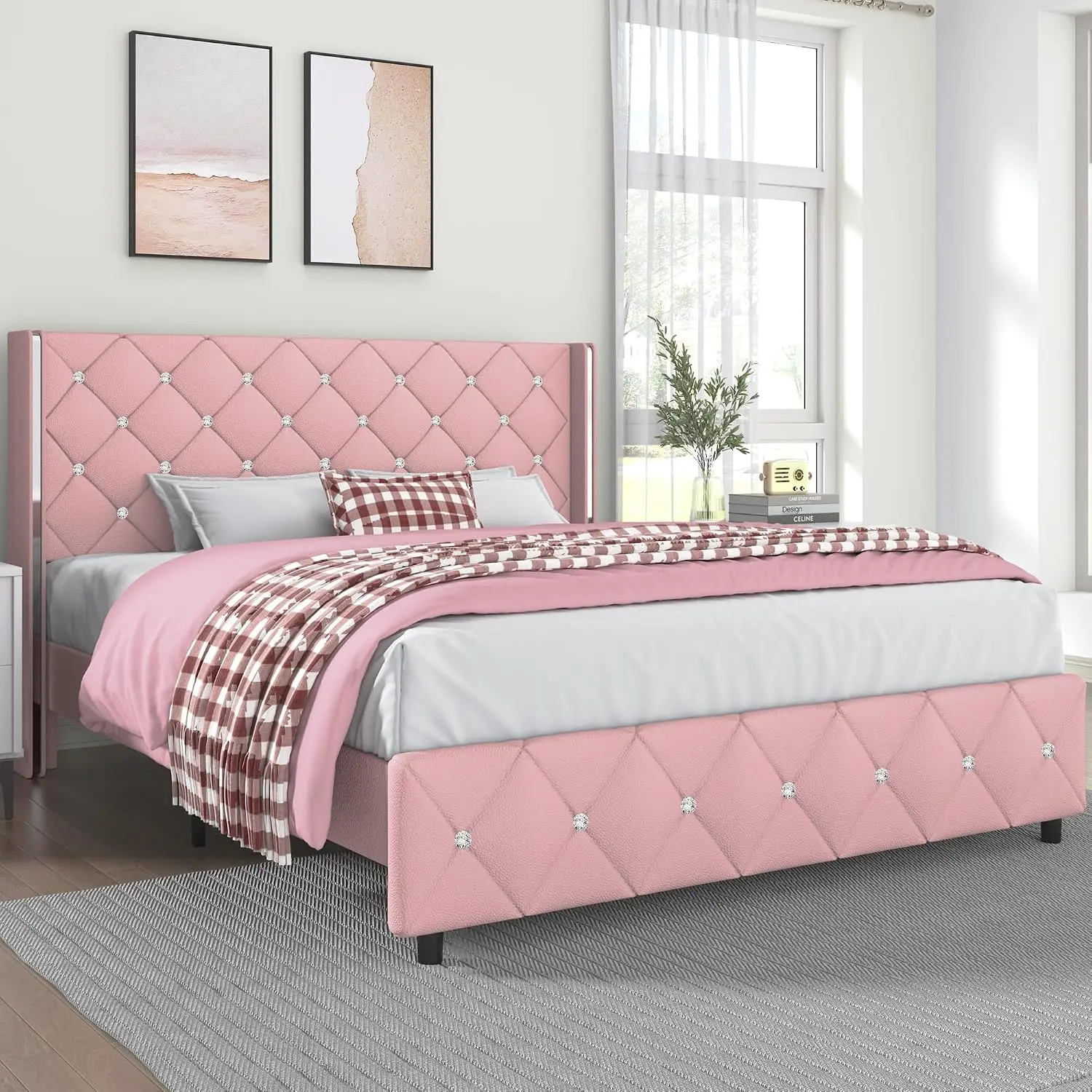 Queen Bed Frame Diamond Tufted Headboard Pink, Customized
