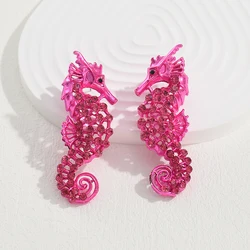 Exaggerated Metal Rose Red Seahorse Dangle Earrings for Women Funny Animal Hollow Rhinestone Stud Earrings Jewelry Party Gift