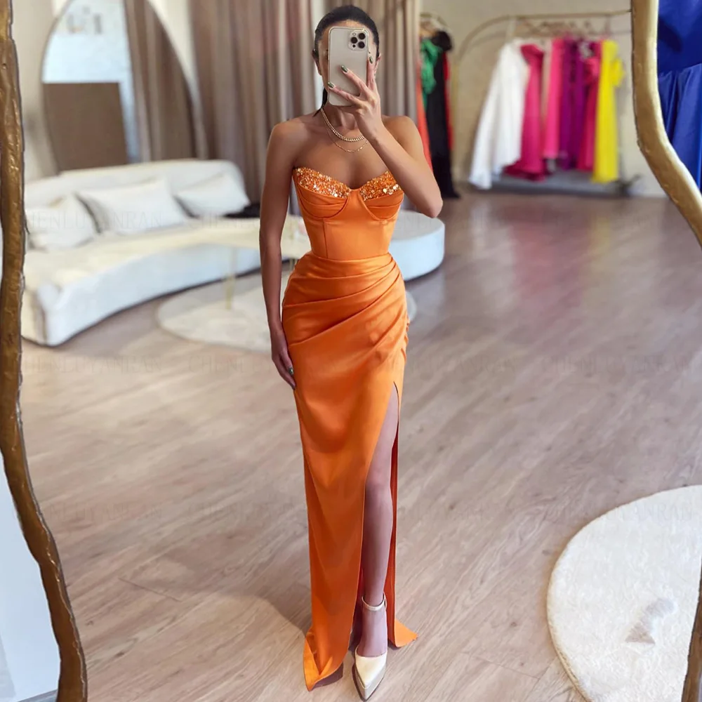 

Strapless Satin Formal Occasion Dresses 2023 Sweetheart Slit Sexy Party Dress Sequin Long Evening Gowns فساتين مناسبة رسمية