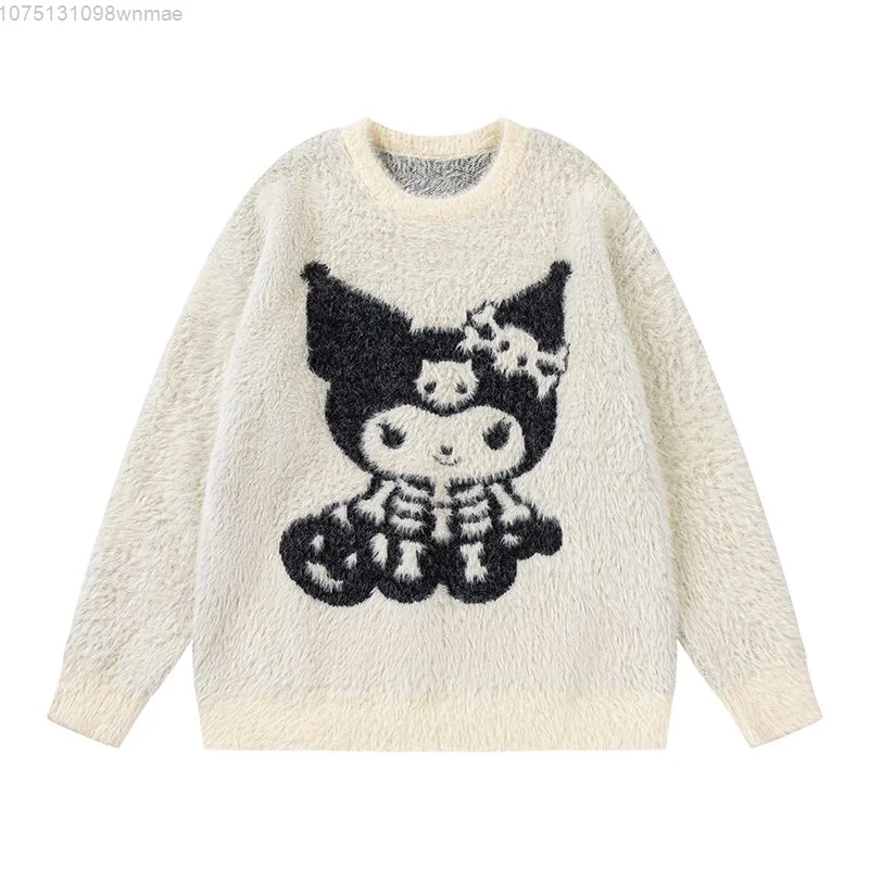 Men and Women\'s Halloween Skeleton Kuromi Knitted Fleece Pullovers, Y2k Goth Jacquard Sweater, Cute Loose Knitwear, Sanrio