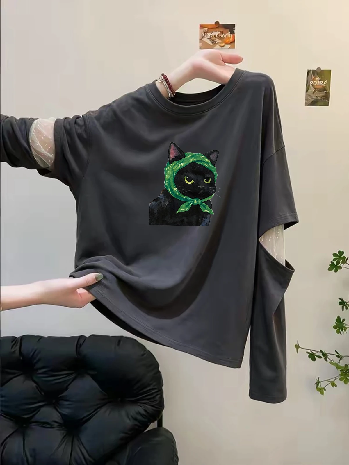 Elegant Long Sleeve T-Shirt Women's Fashion Mesh Splicing Two-Piece Look Top Quality Autumn Wear Universal Fit Loose Style