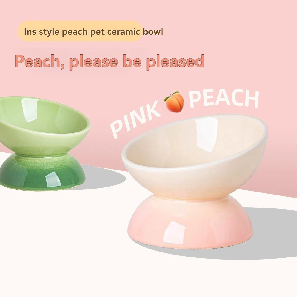 Gradient Color Elevated Ceramic Cat Bowl, Slanted Neck Protection Pet Food Bowl, Cute Raised Cat Bowl for Cats Dogs