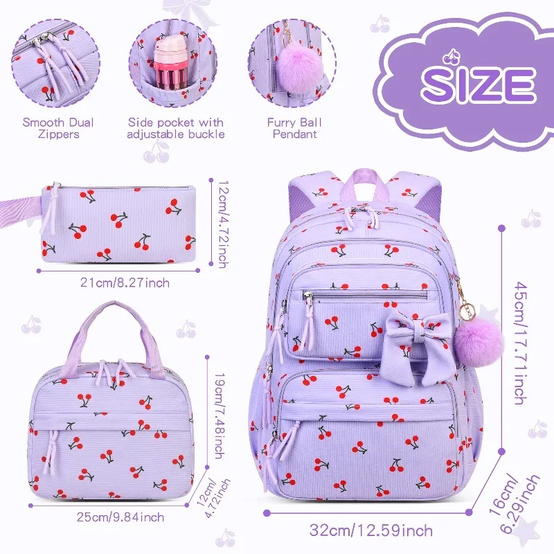 3pcs/set Corduroy  Backpack Cherry Pattern Girly Large Capacity Lightweight Schoolbag