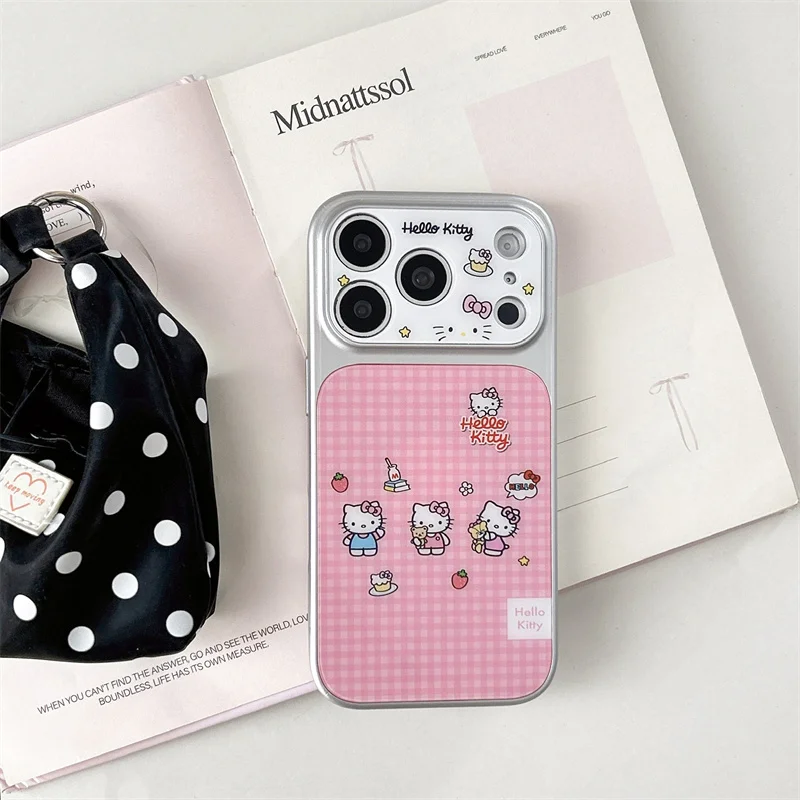 

Cute Pink Plaid Hello Kitty Phone Case For iPhone 17 16 15 14 Pro Max Kawaii Large Window Protective Cover for Girls
