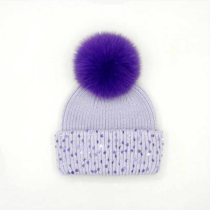 New real fox fur pompom hats Fashion sequin outdoor colorful hats for women girl High quality winter hats Warm Female beanies