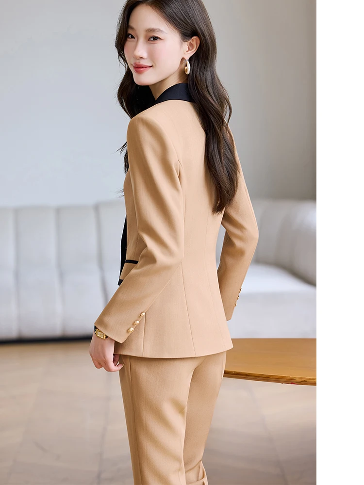Модный женский брючный костюм, женский рабочий комплект из 2 предметов, хаки, бежевый, черный, женский формальный пиджак и брюки