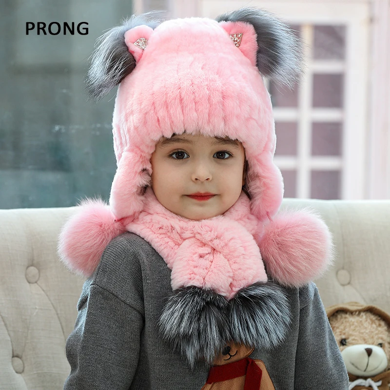 Kids Winter Hats Rex Rabbit Fur Hat Girls Boys Bonnets With Ear Flap Children Thick Warm Caps