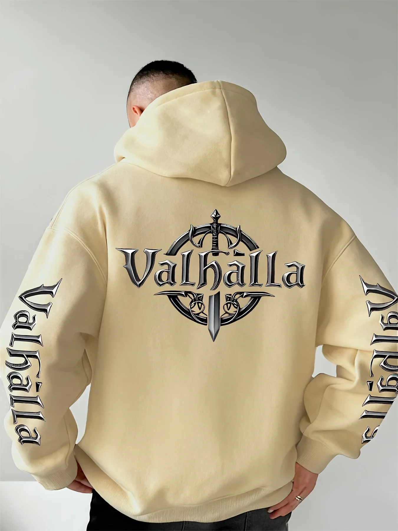 Unisex Hoodie Valhalla Viking Sword Totem Back And Sleeve Print Casual Streetwear Loose Pullover Hooded Sweatshirt Autumn Winter