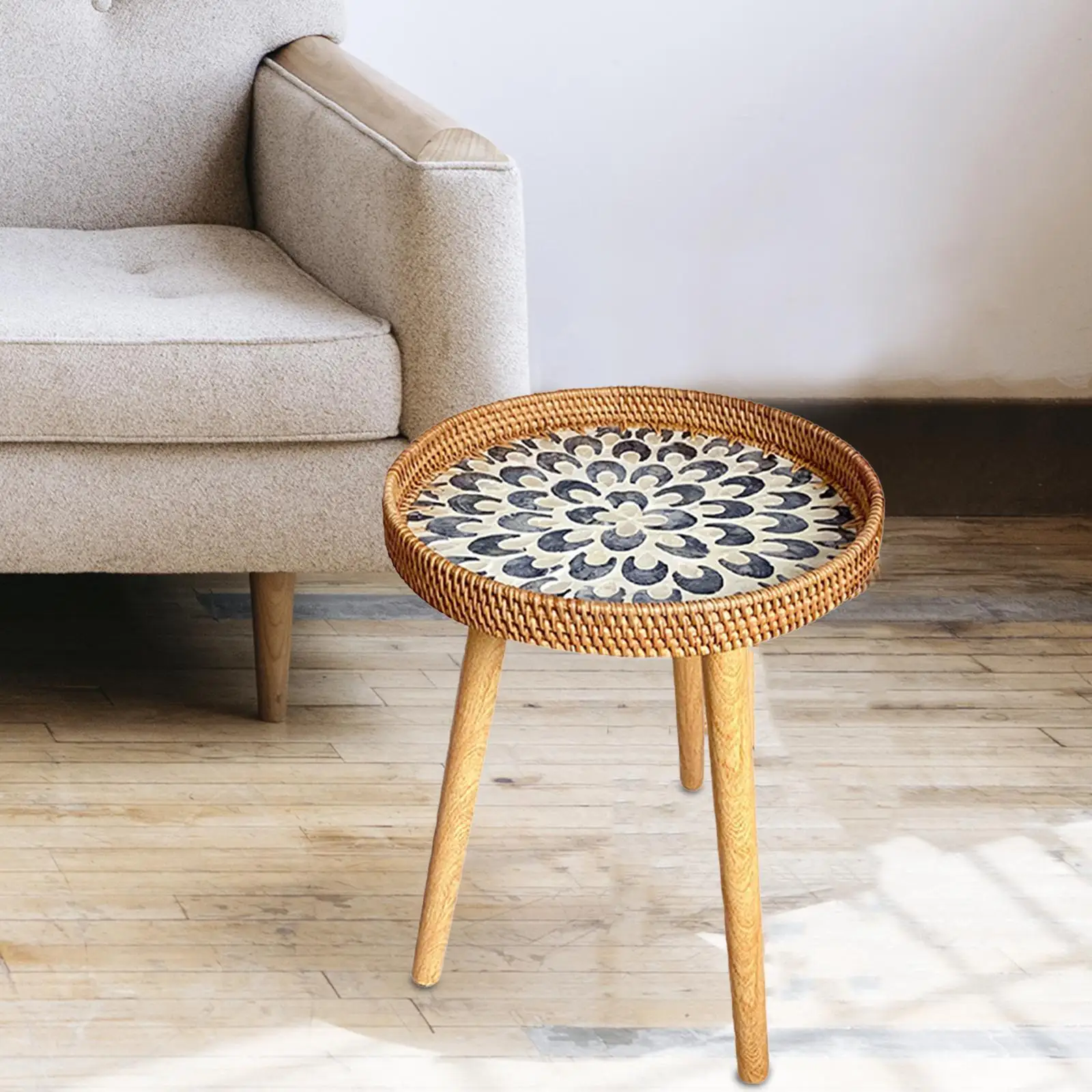 End Table Home Decor Plant Stand Storage Tray Ornament Retro Style Rattan Side Table for Bedroom Patio Indoor Balcony Farmhouse
