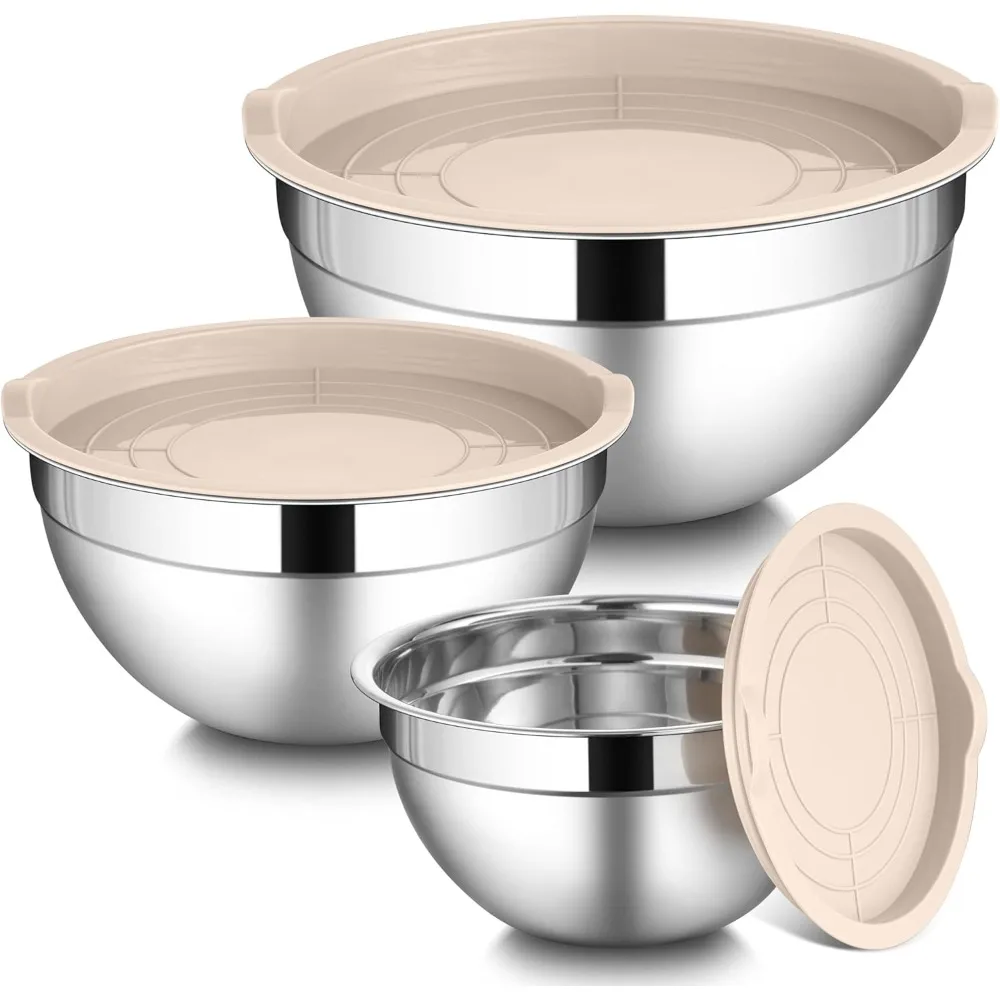 

Mixing bowl set with airtight lid, 3-pack stainless steel mixing bowls, freezer and dishwasher safe, khaki.