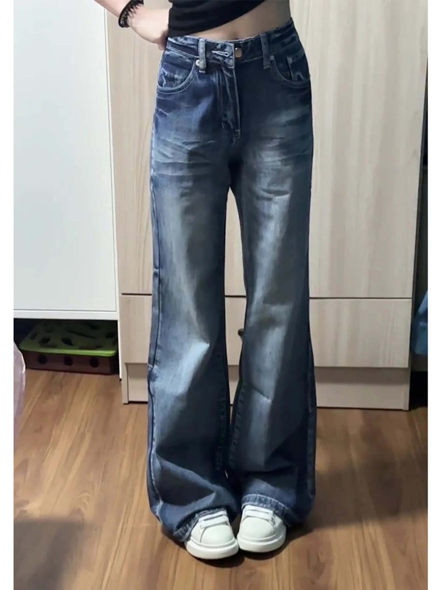 กางเกงยีนส์ทรงขากระดิ่งเอวสูงสำหรับผู้หญิง ไซส์พลัส ฤดูใบไม้ร่วง ฤดูหนาว รุ่นใหม่ สไตล์เรโทร สีซีด ลุคสบายๆ ทรงขากว้าง