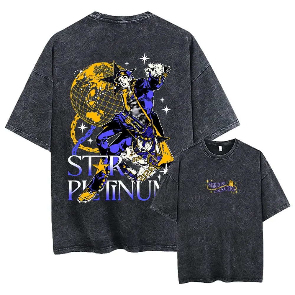 Anime Jojo Bizarre Adventure T-shirt Manga Jotaro Kujo Vintage Washed T Shirt Men Women Cotton Casual Oversized O-Neck T-shirts