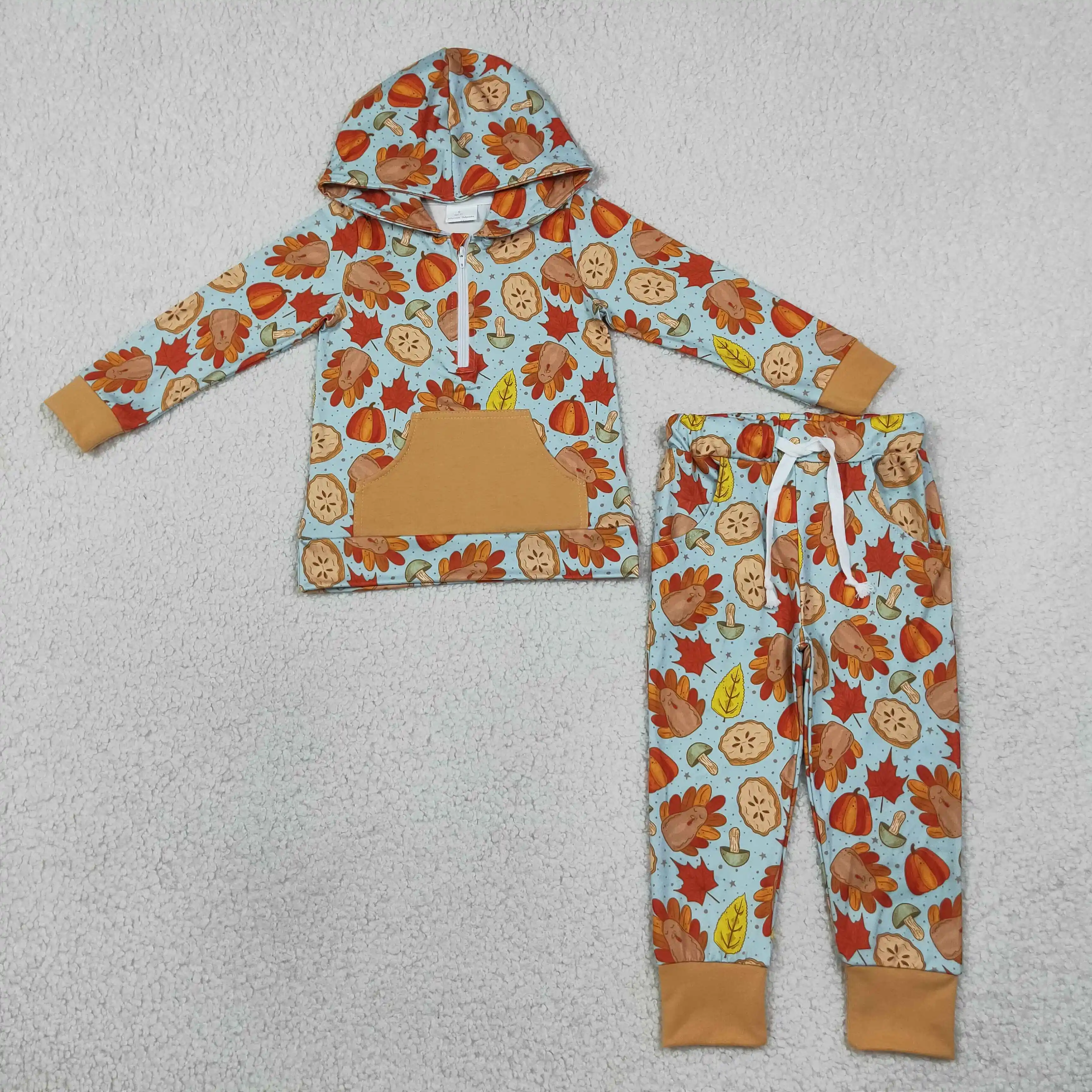 Wholesale Baby Boy Thanksgiving Outfit Toddler Kids Pumpkins turkey Shirt Hoodie Pullover Pocket Pants Children Set Fall Clothes