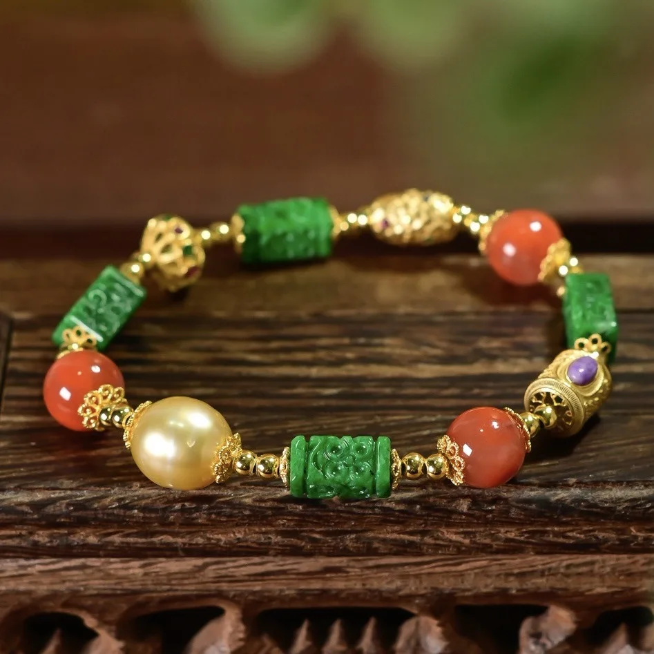 Natural A‑Grade Spicy Green Jade Carved Bead Bracelet,Red Agate South Sea Golden Pearl,Chinese Vintage Multi‑Gem Bangle