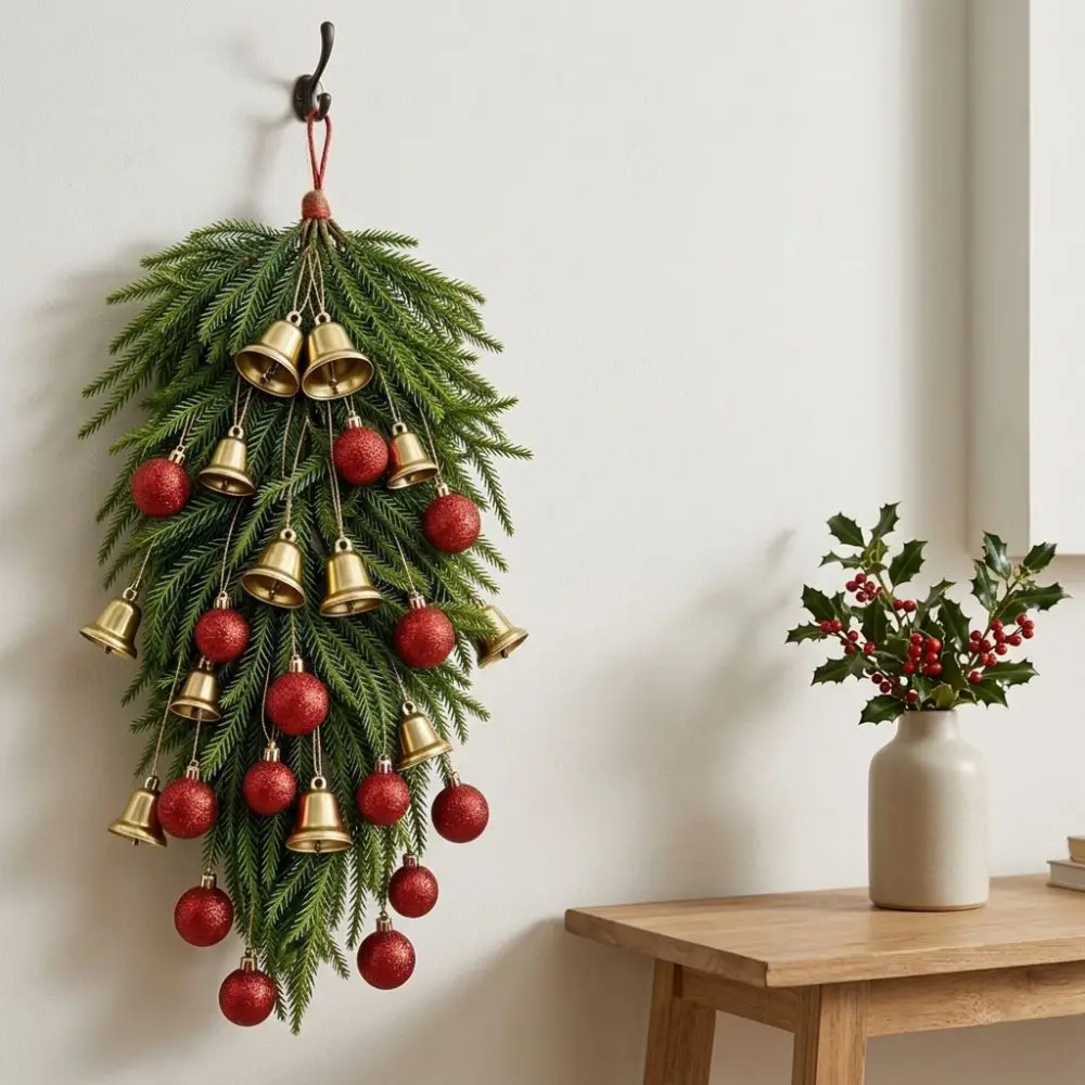 14Pcs Vintage Style Artificial Pine Christmas Hanging Red Gold Glitter Baubles Christmas Door Hanger Wreath Kit Fade-Resistant