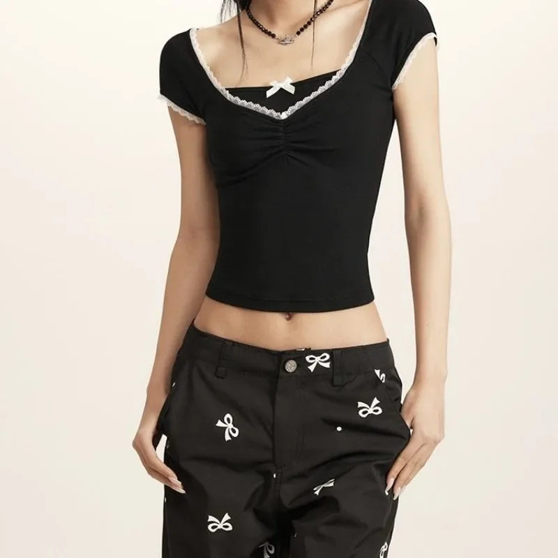 

Vintage American Slim Waist Tshirts Women Lace Ruched V Neck Tees Fake Two Piece Camisetas Bow Y2k Crop Tops Hotsweet