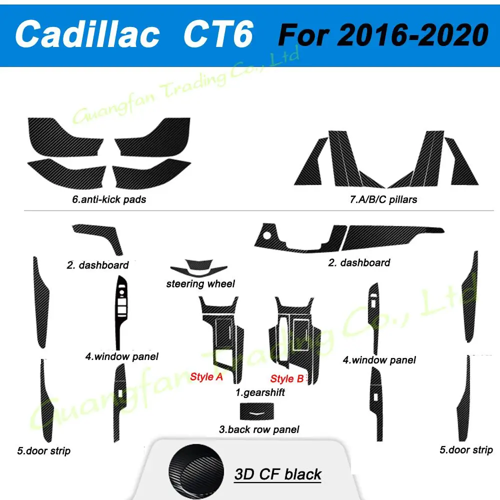 For Cadillac CT6 2016-2020 Interior Central Control Panel Door Handle 3D 5D Carbon Fiber Stickers Decals Car styling Accessorie