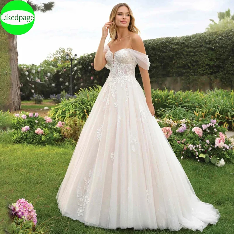 

Sexy Off The Shoulder Beach Wedding Dresses For Women 2024 Back With Button Vestidos De Novia Shiny Tulle Bridal Robe De Mariée