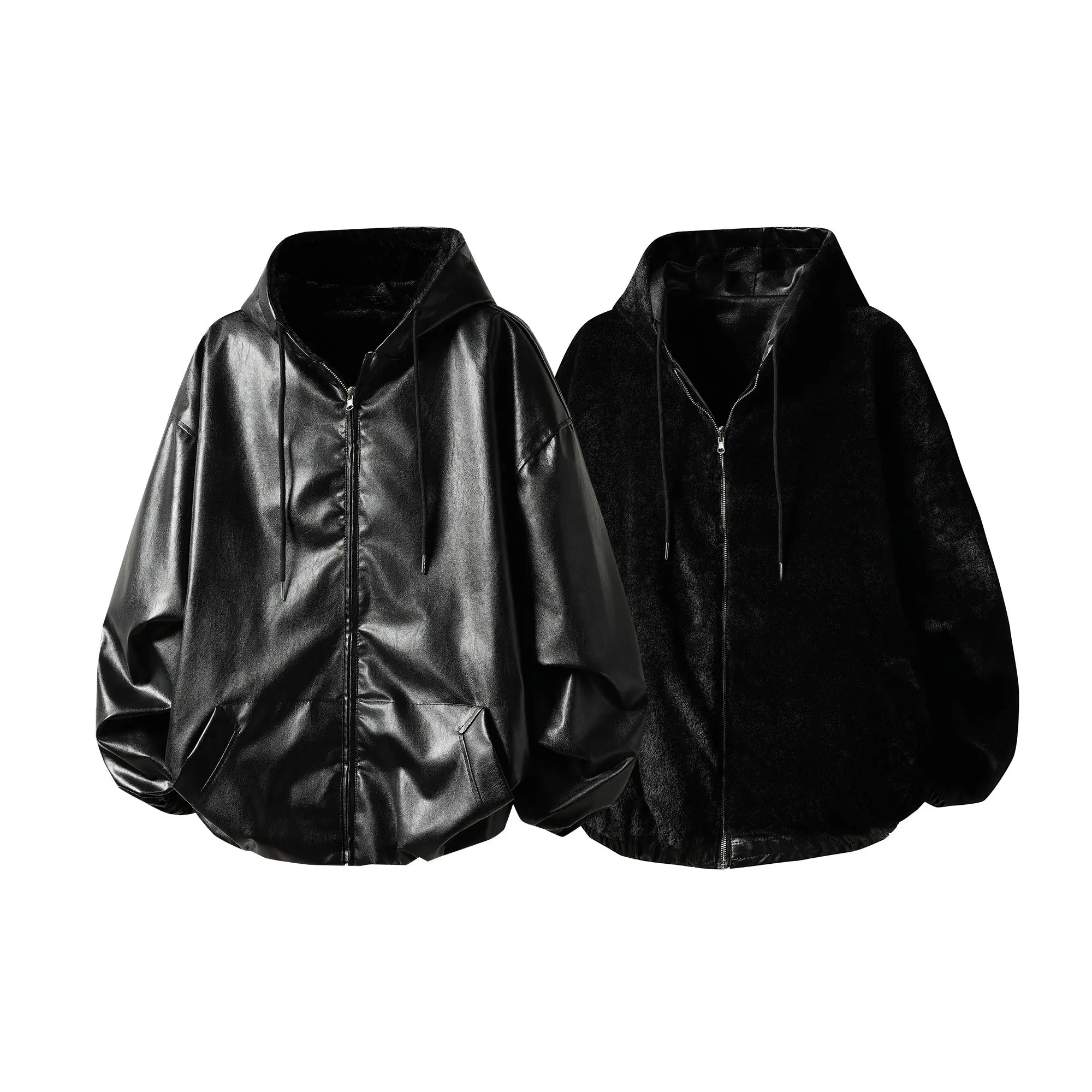 

American Style Winter New Double-Sided Wear Fleece Lined Hooded Jacket Couple Loose Streetwear Zipper Leather Coat Men Women