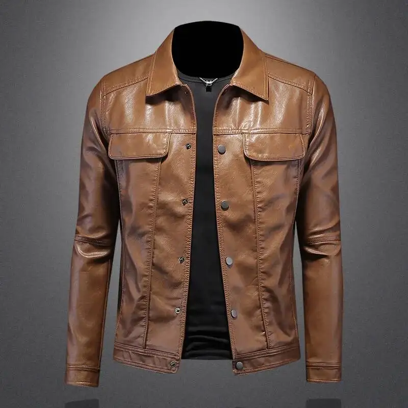 

2026 Autumn And Winter New Men's Handsome With Solid Color Boutique Lapel Motorcycle Leather Coat Slim Fashion M-5XL jacket