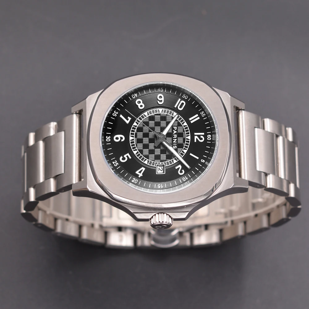 Fashion Parnis 42MM Black Dial Mechanical Automatic Men Watch Sapphire Crystal Calendar Wristwatches For Men reloj hombre Clock