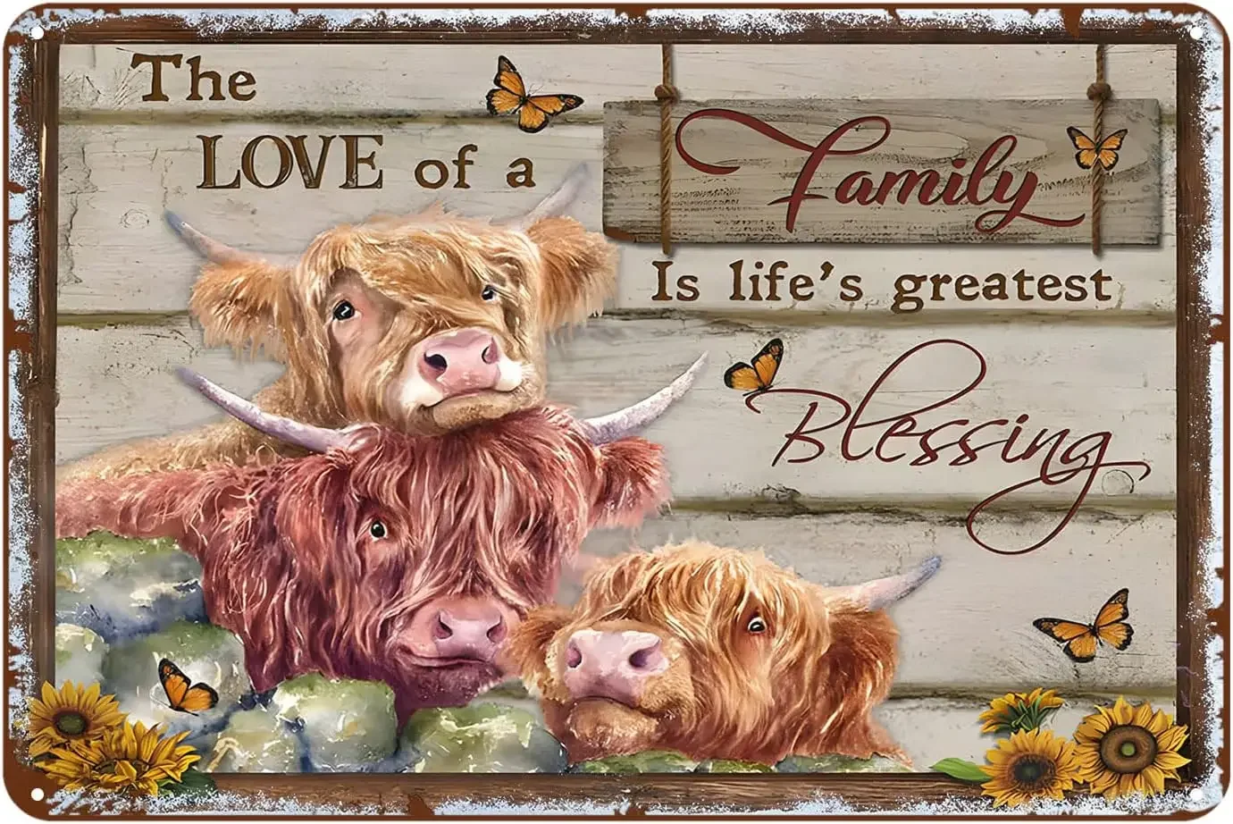 Vintage Rectangle Metal Tin Sign The Love Of A Family Is Life’s Greatest Blessing Highland Cows Sunflower Butterfly Farmhouse Quote 2D Flat Not 3D Distressed Wall Plaque Pre‑Drilled Holes Country Farm Home Wall Hanging Decor