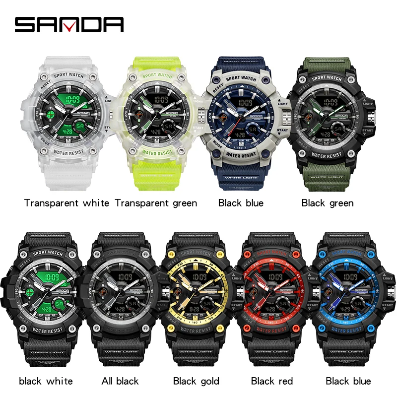 SANDA Top Brand Military Sports Watch Men Waterproof Alarm Clock Light Analog Digital Male G style Student Quartz Wristwatches