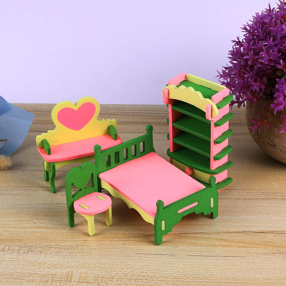 4Pcs Premium Wooden Mini Furniture Set Eco Friendly Educational Kids Playset for Color Cognition Fine Motor Skills Parent Child