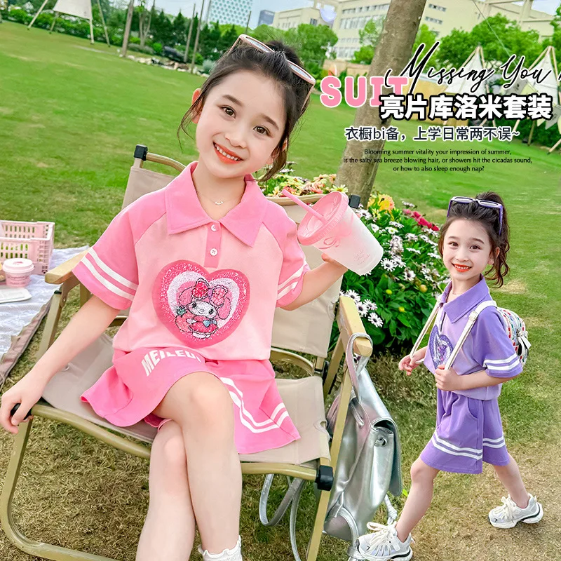 Kawaii My Melody Kids Short Sleeve Short Sleeve Two Piece Set Cartoon Kuromi Kids Short Sleeve Summer Fashion Casual Sportswear