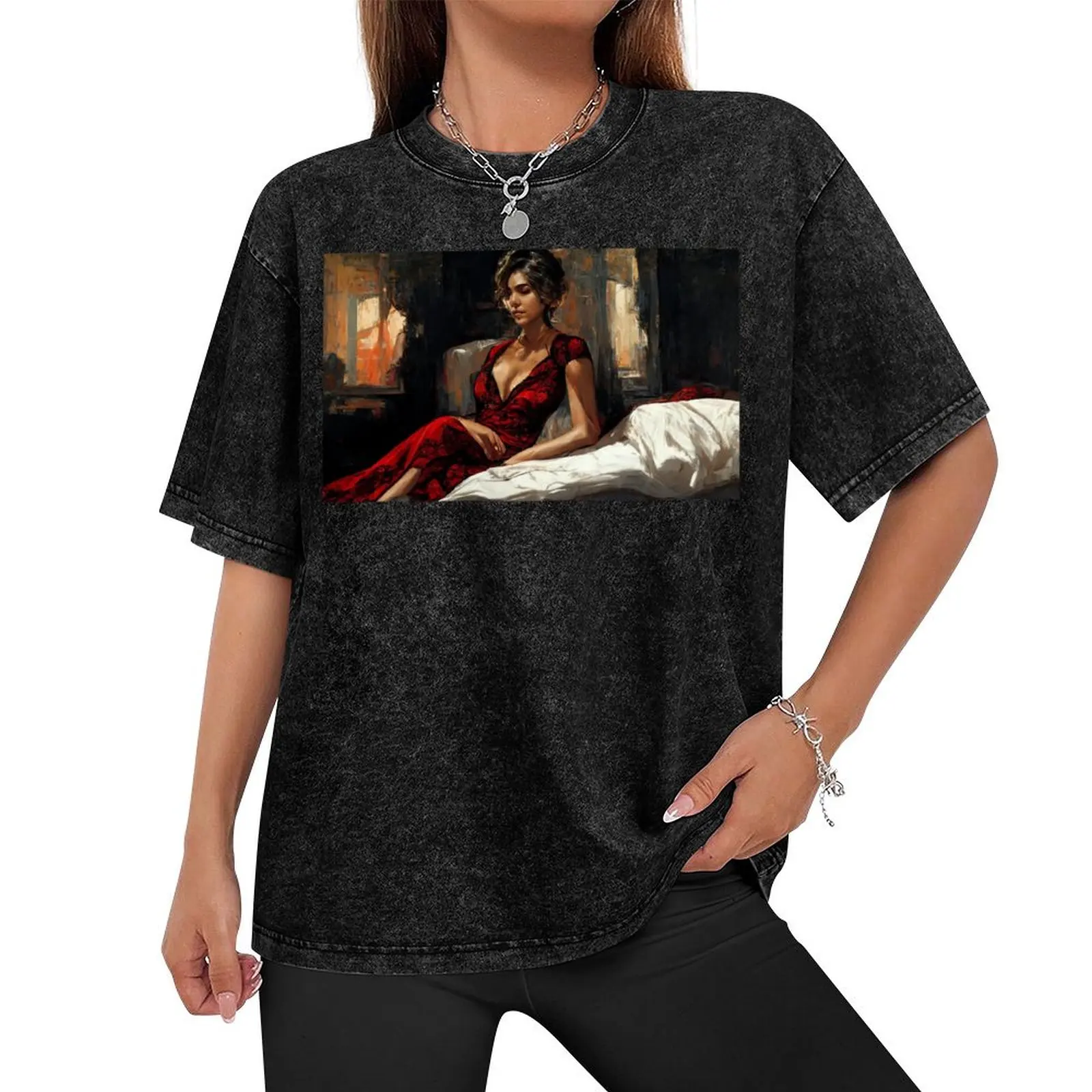 beautiful lady with red dress by fabian perez Aesthetic gift for art lover T-Shirt plus sizes t shirt men