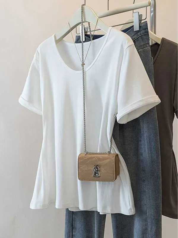 

plus Size Women's T-Shirt Short Sleeve Waist-Cinching Belly- Concealing Summer Casual Loose Fit Polyester Fiber round Neck Top